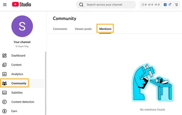 YouTube Studio 的 Community 标签页显示“Mentions”(提及)板块,含“未找到提及”提示和人物在显微镜前的插图