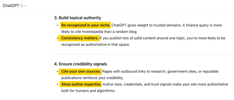 一张 ChatGPT 回答的截图，概述了建立网络权威的原则，这些原则与 Google 的 E-E-A-T 类似，例如在细分领域获得认可、展现作者专业度。