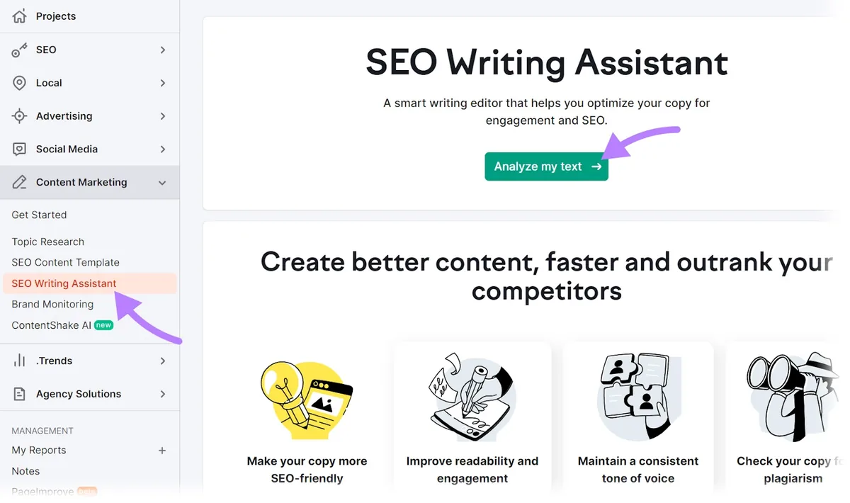 导航到 SEO Writing Assistant 工具