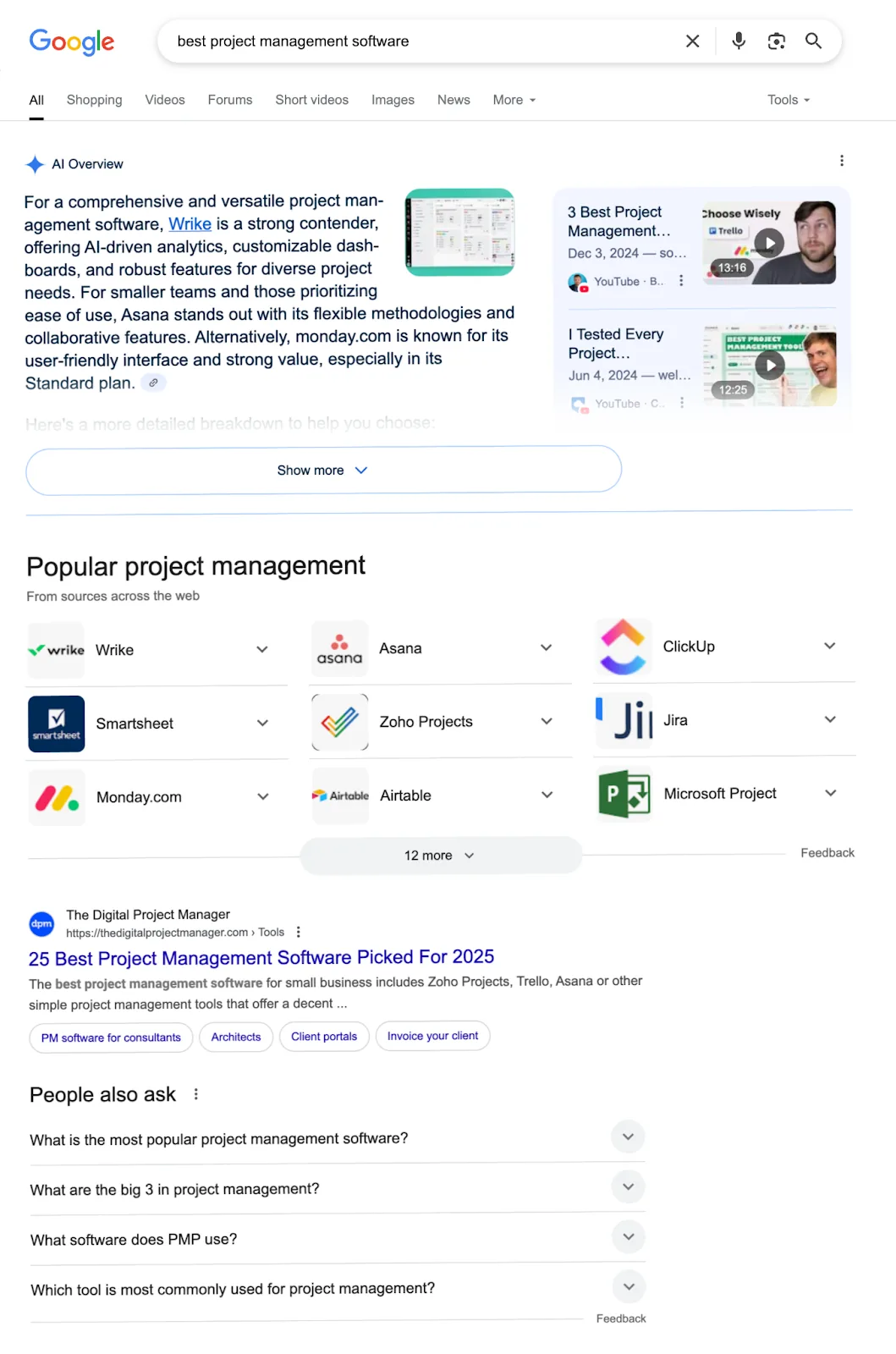 该搜索结果页面被 AI Overview、热门产品和 People Also Ask 等功能占据。