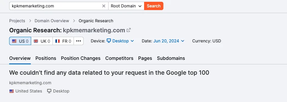 Organic Rankings 工具的“Overview”标签页,以“kpkmemarketing.com”为例。