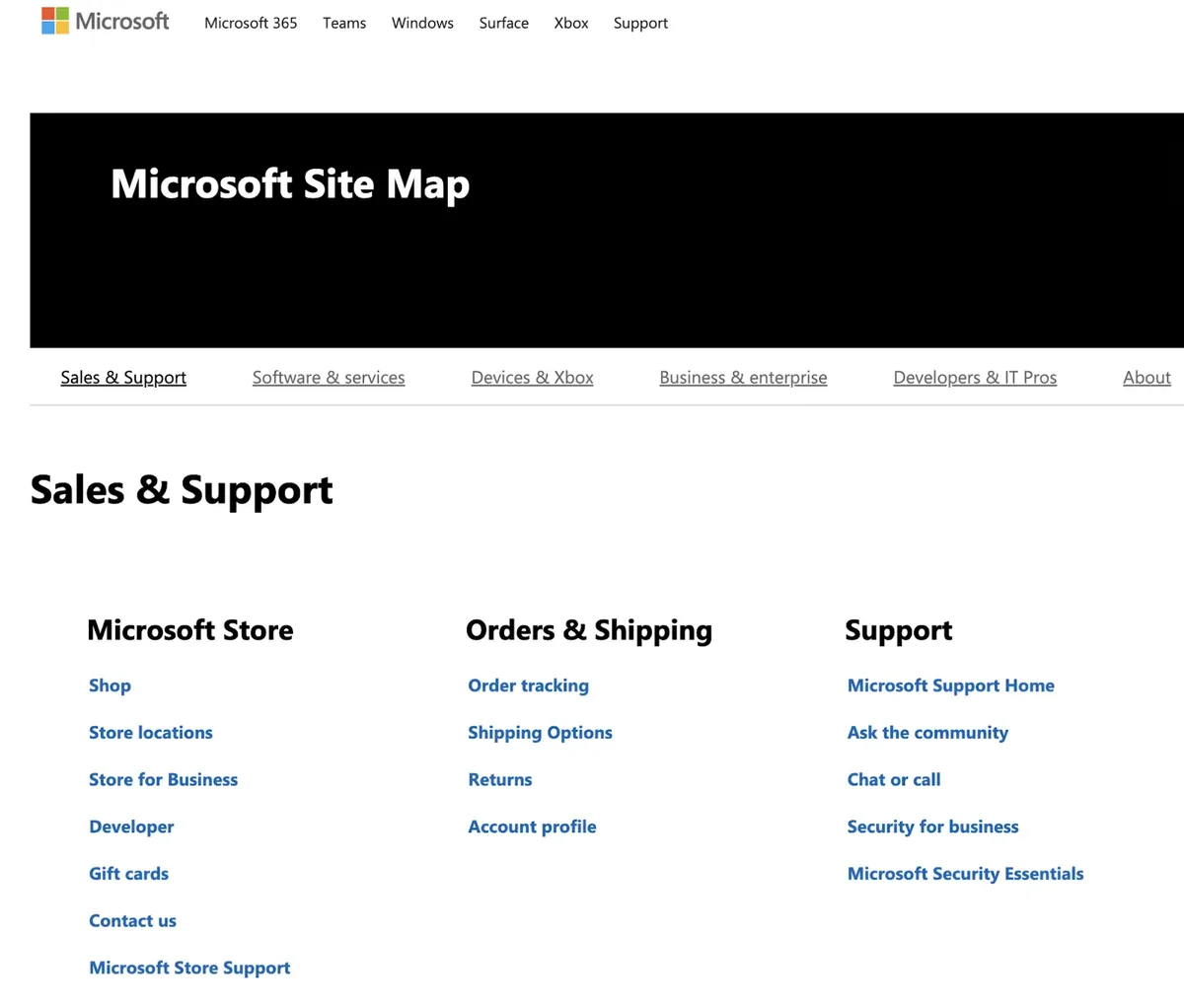 Microsoft 的 HTML 站点地图,链接按宽泛的顶级类别组织,并配有清晰的子类别。