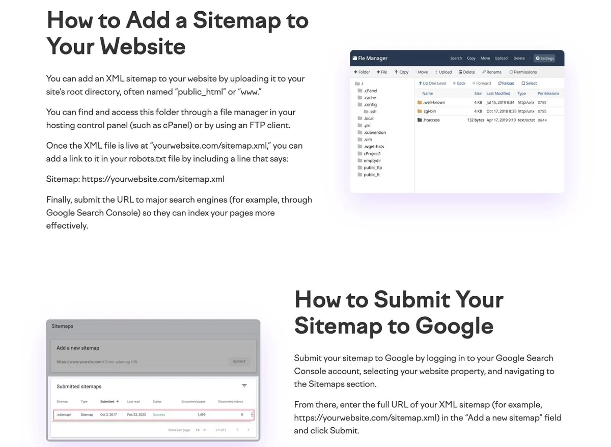 Semrush“Free Sitemap Generator”上围绕如何向网站添加站点地图并提交给 Google 的指南。