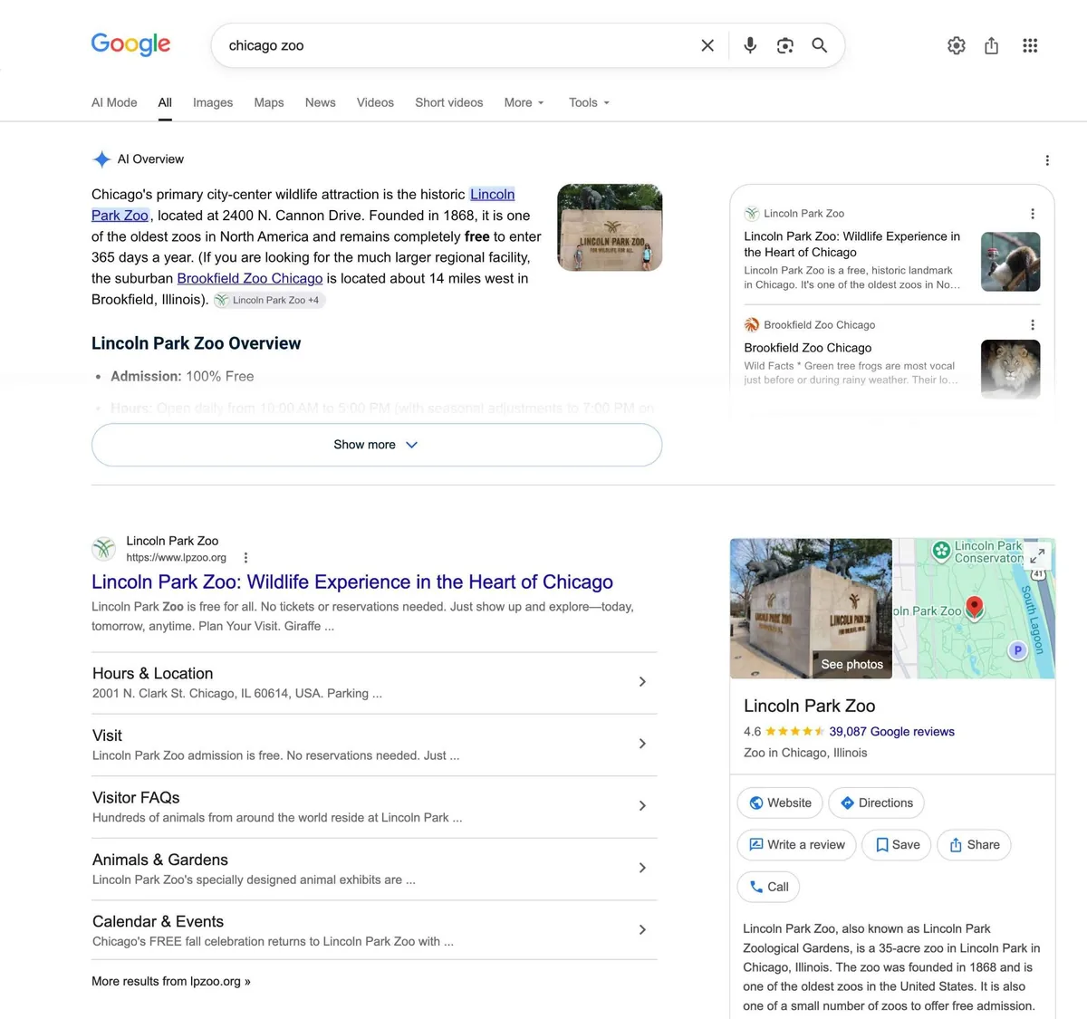词条“lincoln zoo”的 Google 搜索结果页面,“Lincoln Park Zoo”在 AI 概览和自然结果中多次出现。