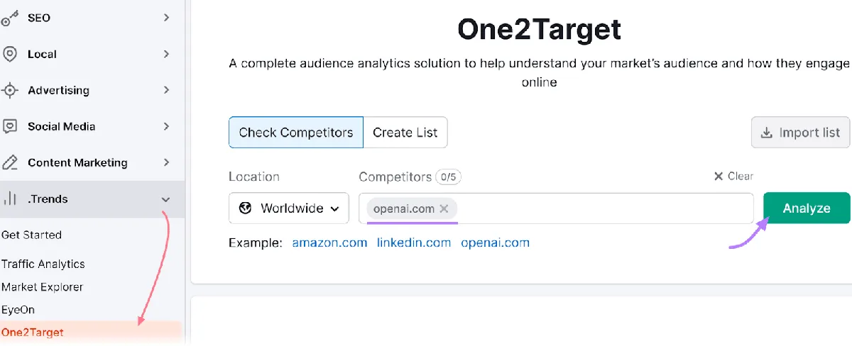 One2Target 界面，显示用于分析竞争对手的主面板，用紫色箭头指出“Analyze”按钮。
