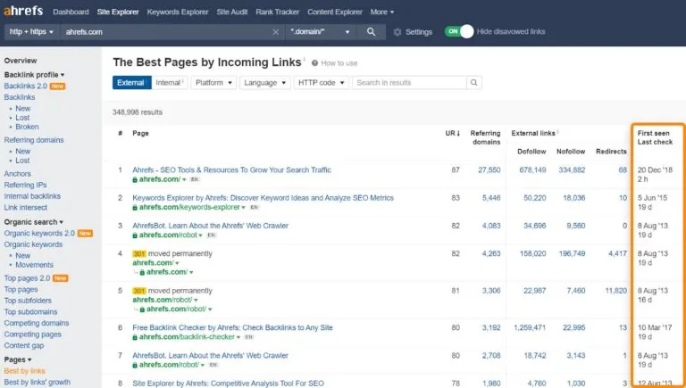 Ahrefs Best by Links 报告,高亮显示 first seen 和 last check 列