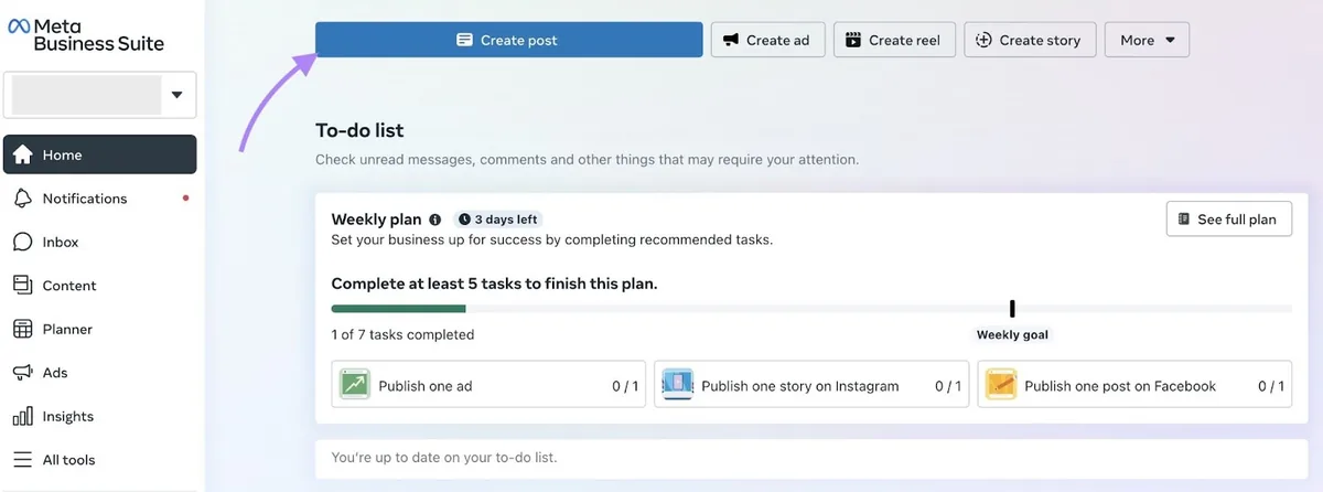 Meta Business Suite 上从“Home”标签页突出显示的“Create post”。