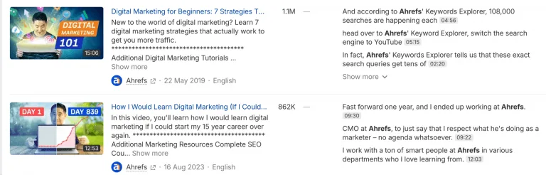 YouTube 搜索结果展示两个 Ahrefs 数字营销视频,含播放量、缩略图、描述和时间戳。