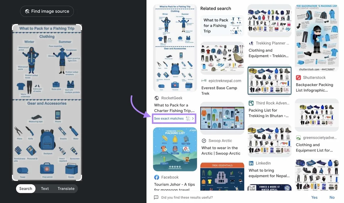 Google 反向图片搜索的结果，突出显示第一条结果下方的“See exact matches”