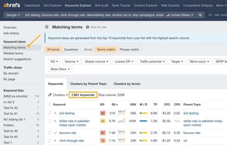 Ahrefs 中的匹配词报告。