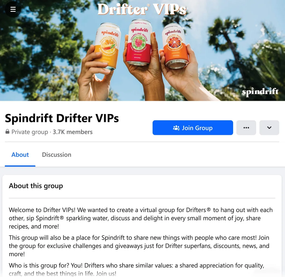 Spindrift Drifter VIPs 私密 Facebook 群组，展开“About”区块并显示“Join Group”按钮。