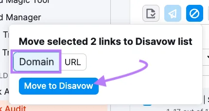 在“Move to Disavow”按钮上方选中的“Domain”标签页