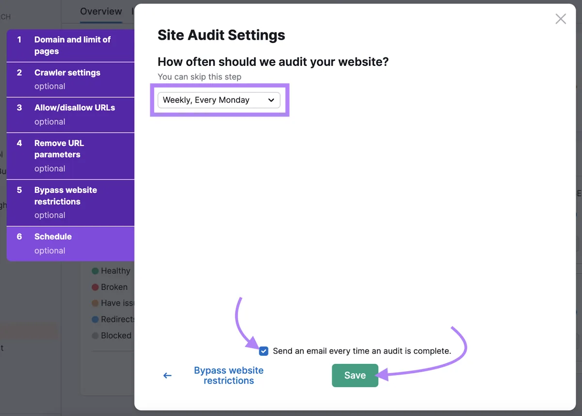 Site Audit 设置弹窗