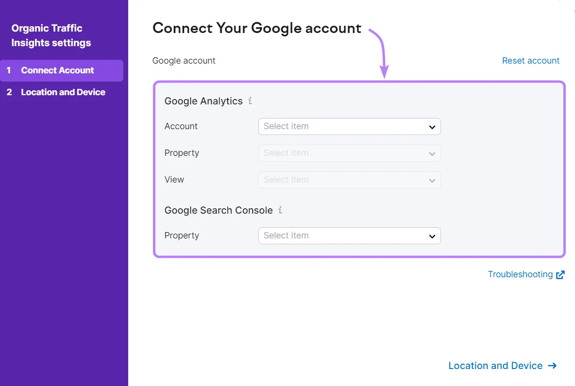 Organic Traffic Insights 设置中的 Connect Your Google account 窗口
