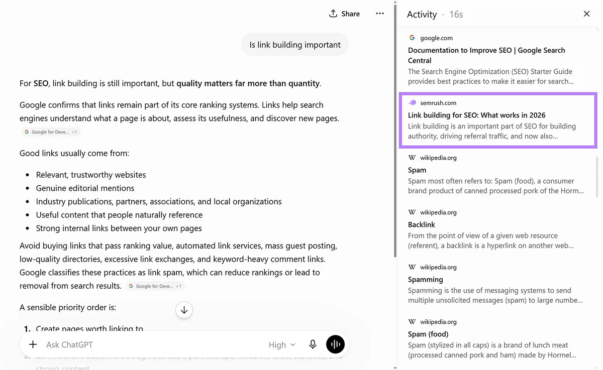 ChatGPT 关于链接建设的回答,Semrush 文章在活动来源面板中高亮