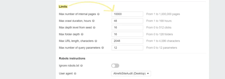 在 Ahrefs Site Audit 中设置最大抓取页面数