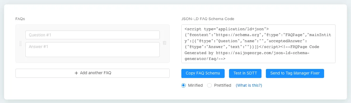 schema 生成器显示 JSON-LD FAQ schema 代码的示例