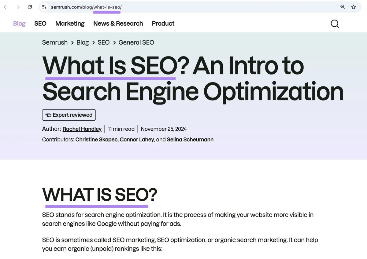 Semrush 的一篇博客文章，目标关键词在标题标签、H1 和 URL 别名中被突出显示。
