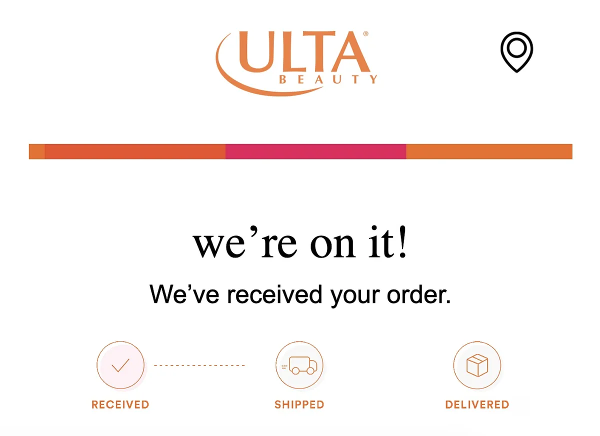 Ulta Beauty 的邮件，告知用户已收到其订单