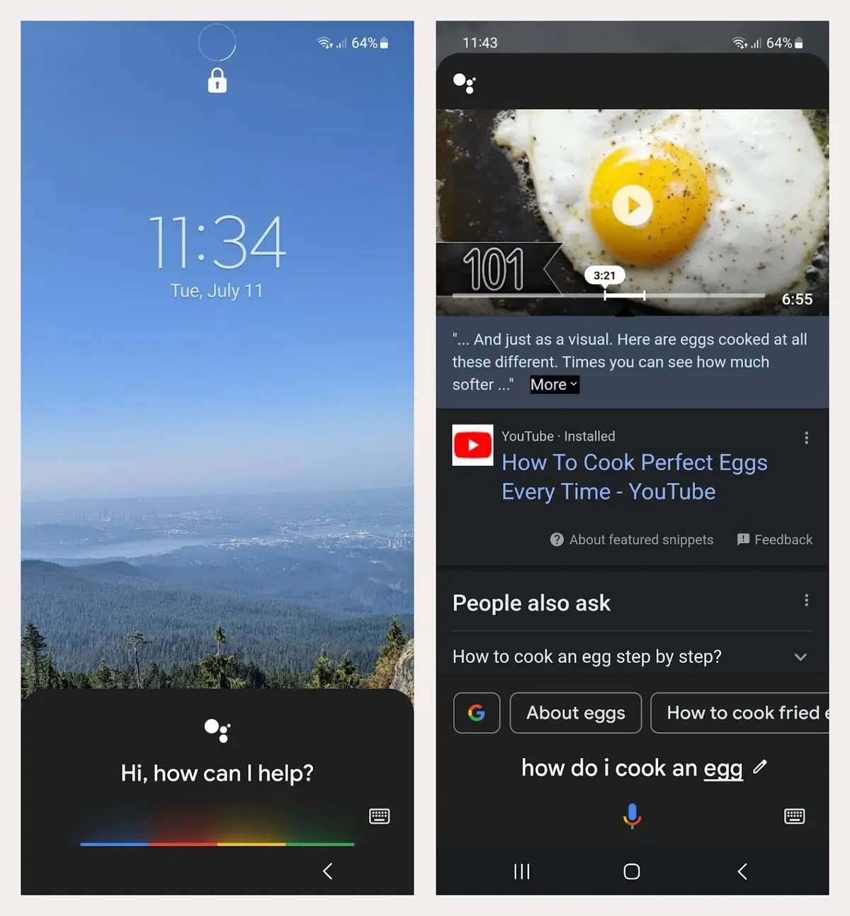 Google Assistant 对关于如何煮鸡蛋的免提语音查询的回复。