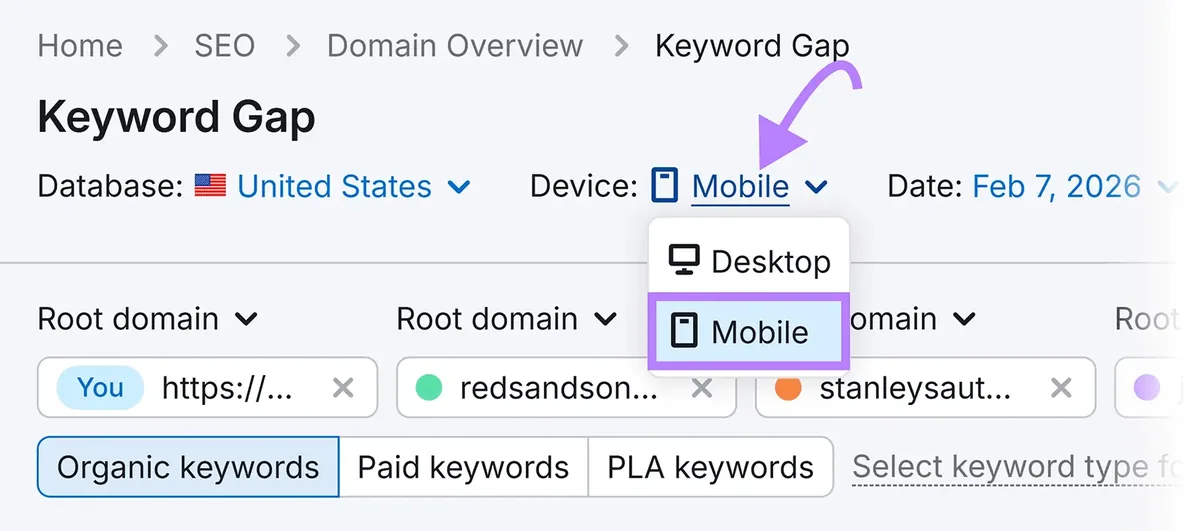 在 Keyword Gap 报告中选择 Mobile 作为设备。