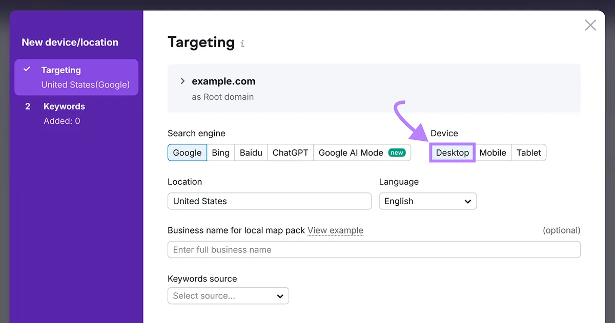 定位设置，箭头指向“Desktop”设备选项。