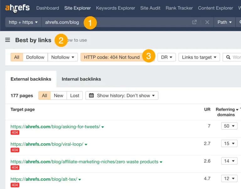 在 Ahrefs 的 Site Explorer 中查找带反向链接的死链页面