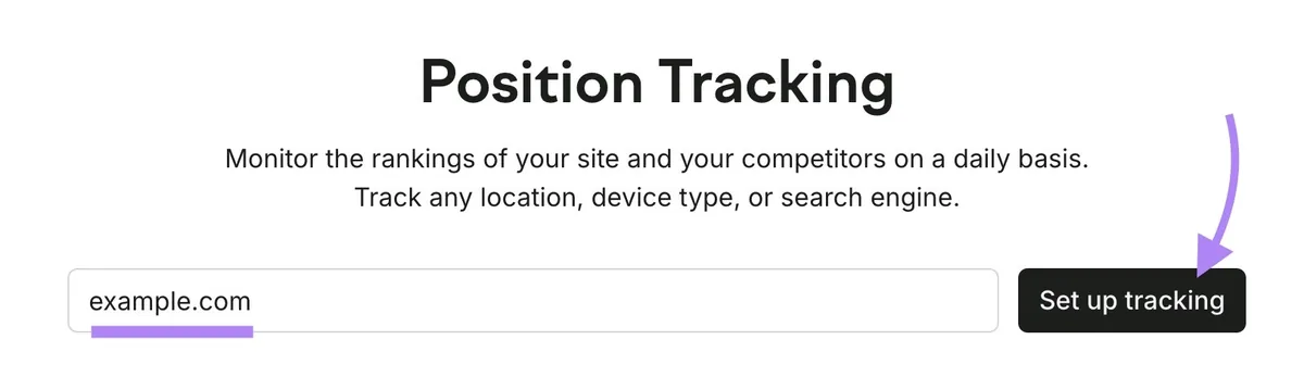 Position Tracking 工具起始页,已输入域名并点击“Set up tracking”。