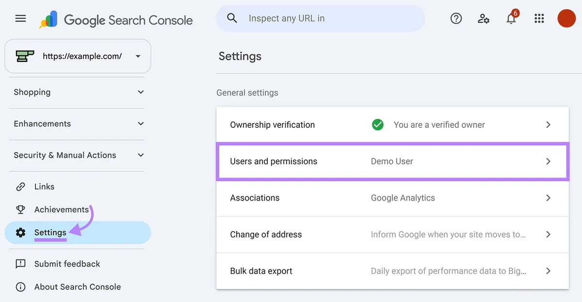Google Search Console“Settings”,Users and permissions 已高亮显示