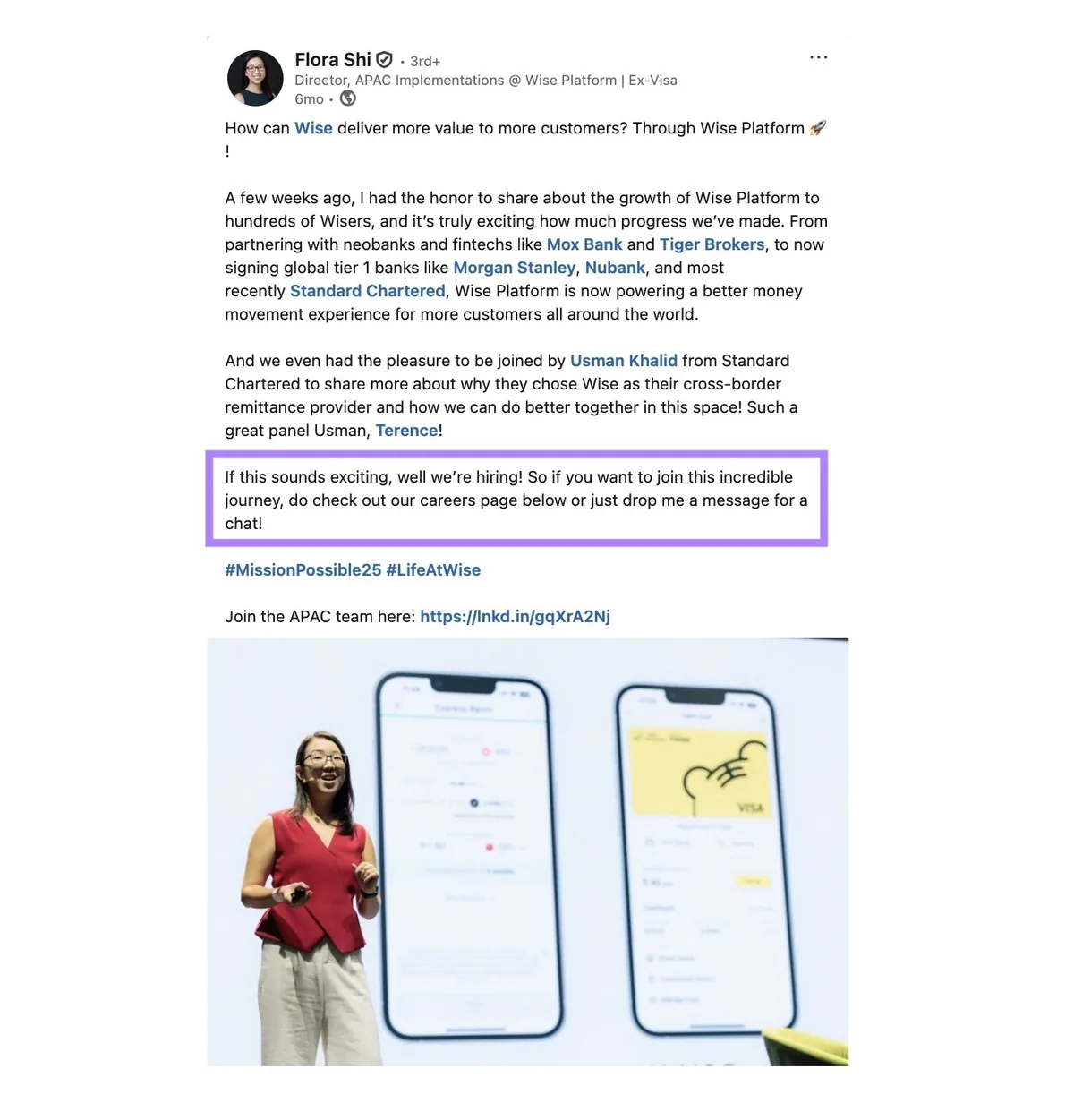 一位 Wise 员工发布的 LinkedIn 帖子,分享近期公司动态并邀请其关注者考虑加入该公司工作。