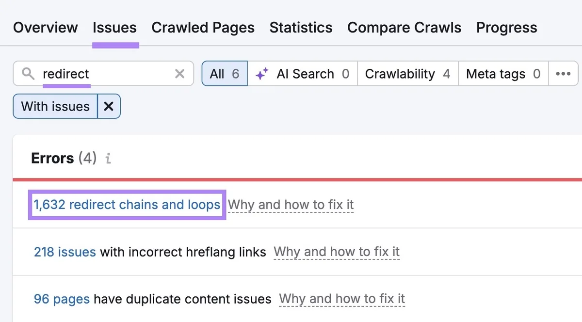 Site Audit 上的问题，已输入“redirect”，“1,632 redirect chains and loops”错误已高亮显示。