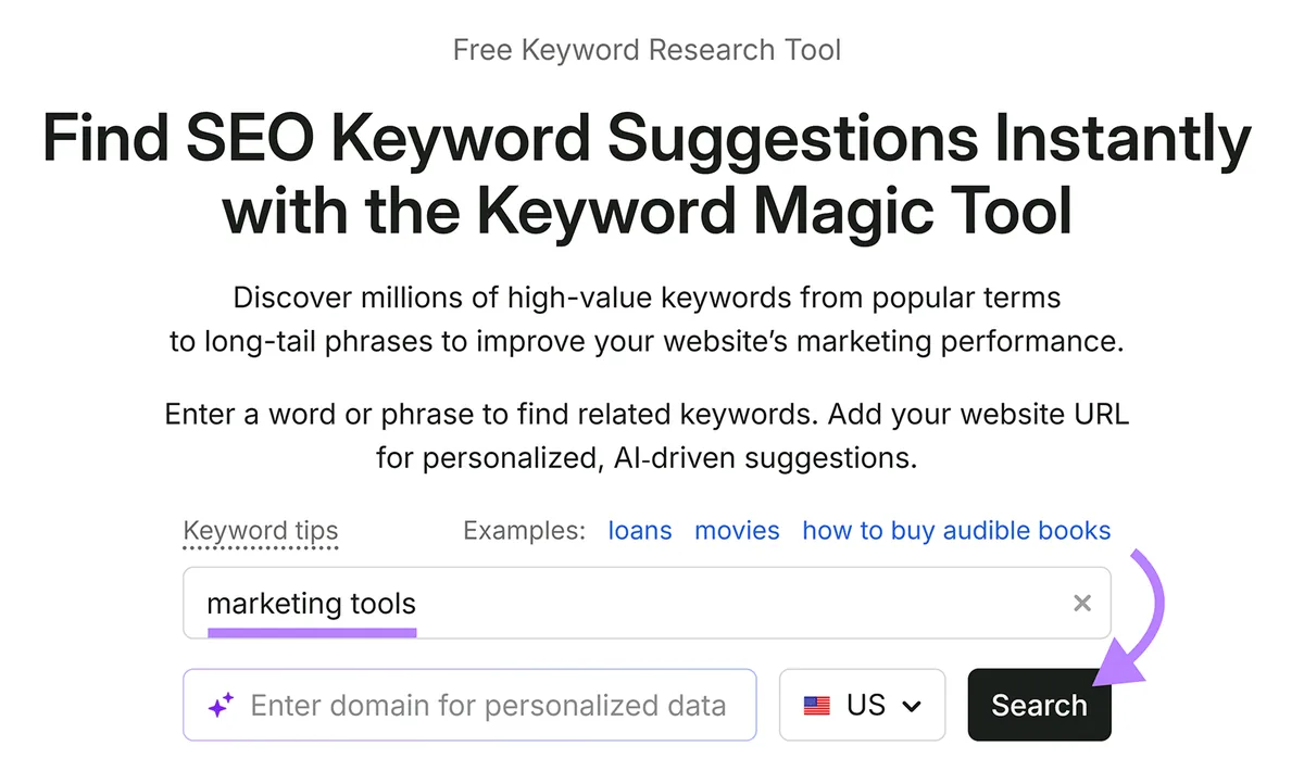 Semrush Keyword Magic Tool 搜索表单,已输入“marketing tools”,突出显示 Search 按钮