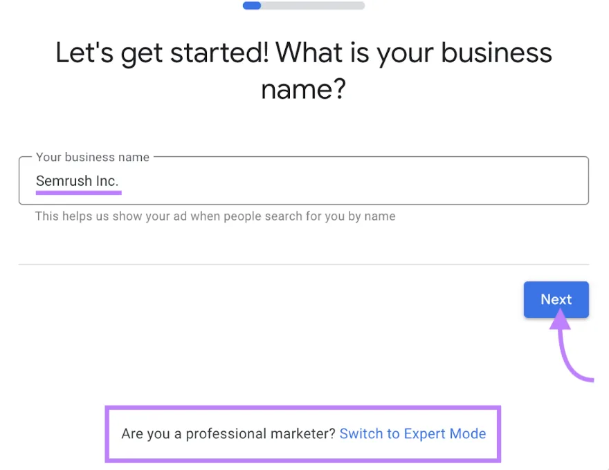 已输入商家名称以创建新的 Google Ads 账户,底部“Switch to Expert Mode”高亮。