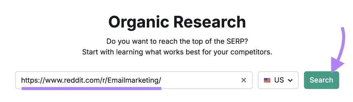 Organic Rankings 工具起始页，已输入某子版块的 URL 并点击“Search”。