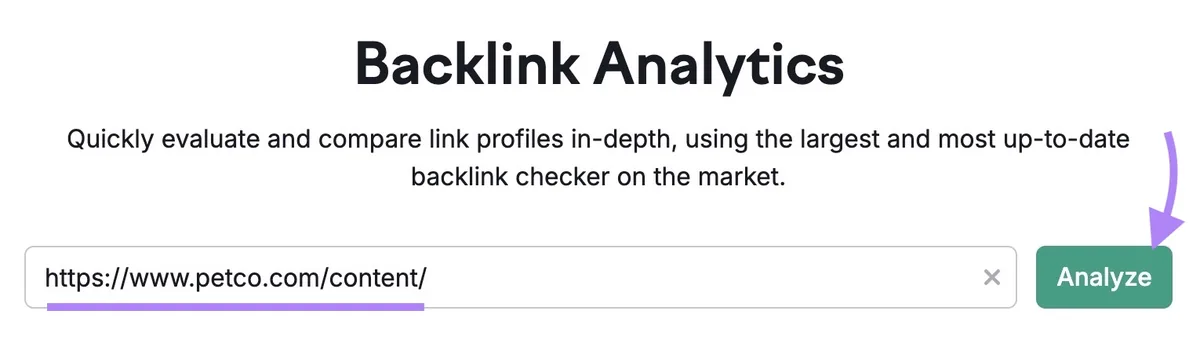 Backlinks 工具起始界面,已输入竞品博客子目录并点击“Analyze”按钮。