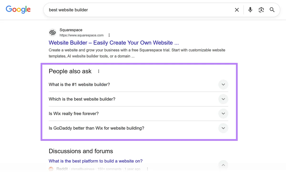 Google 搜索结果页面,“People also ask”框列出与网站构建工具相关的问题