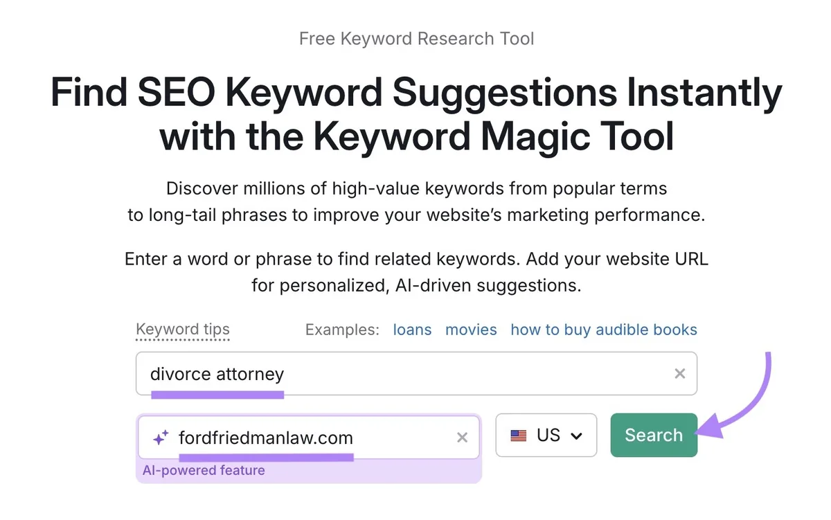 Keyword Magic Tool 起始界面,已输入词条“divorce attorney”和一个域名,并点击“Search”。