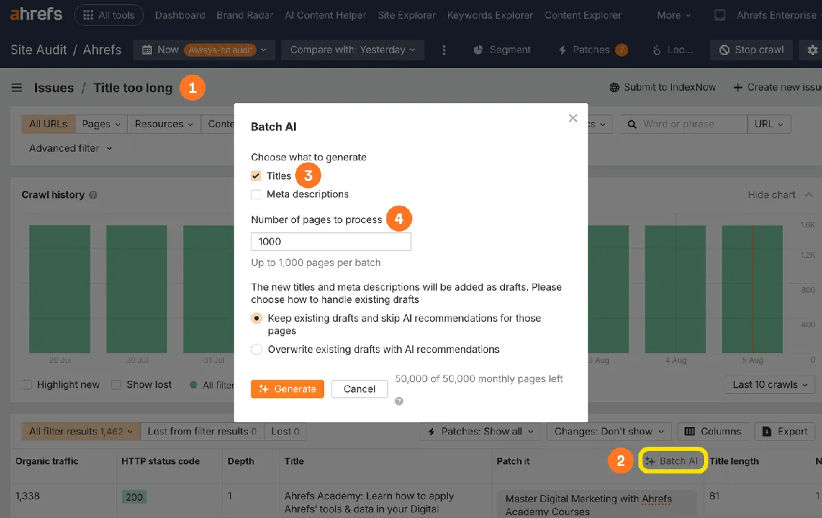 用于批量检查标题标签的 Ahrefs Batch Analysis 工具
