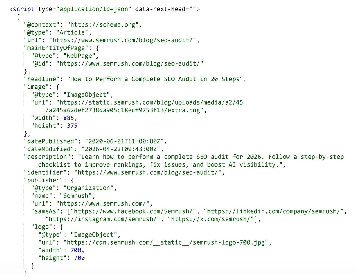 Semrush 某篇博客文章的结构化数据，显示 URL、type、headline、date published 和 description 等数据。