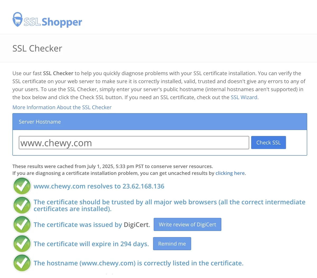 在 SSL Checker 上输入的域名，显示 SSL 证书的详细信息，如颁发者、到期时间、所列域名等。