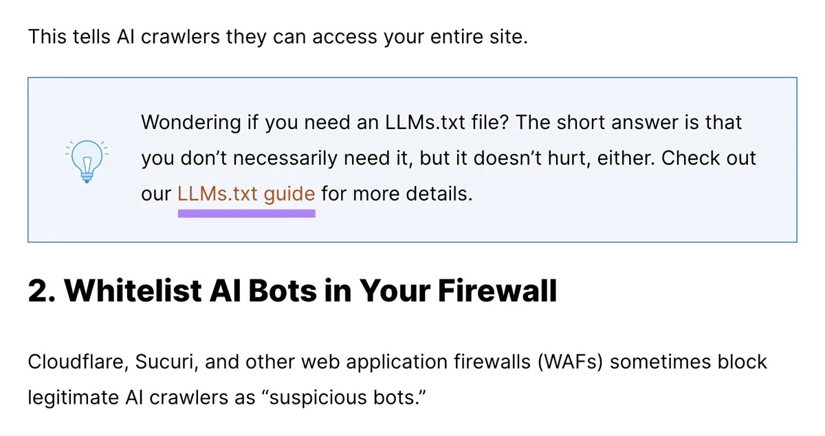 Backlinko 的一篇博客文章,锚文本“LLMs.txt guide”被突出显示。