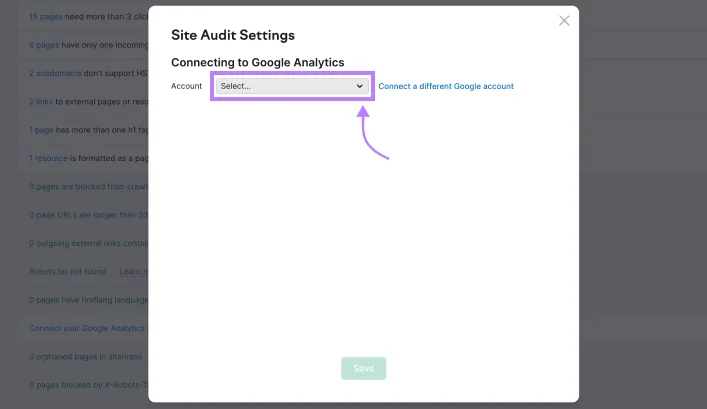 Site Audit 设置中的“Account”下拉菜单