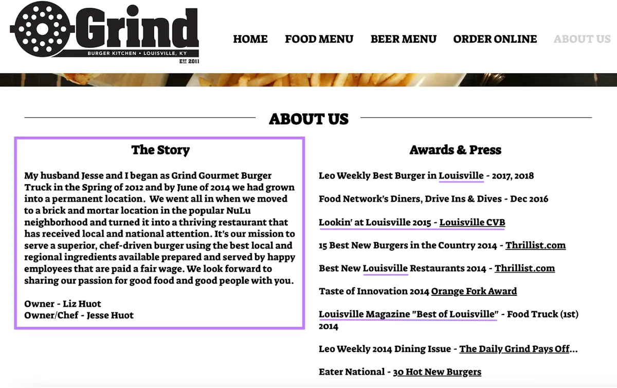 Grind 的“About us”着陆页展示其故事、奖项和媒体报道