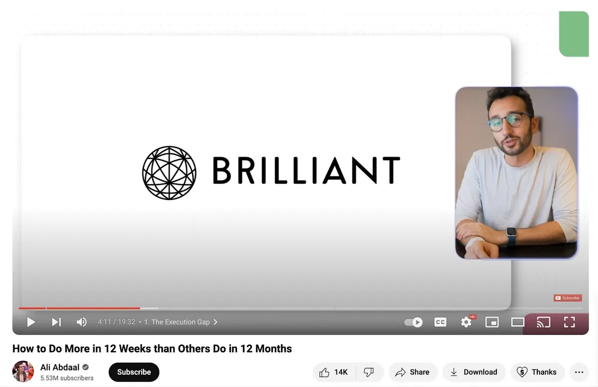 Ali Abdaal 的 YouTube 视频,突出显示赞助商“Brilliant”的标志,屏幕上还有 Alo Abdaal 的缩略图