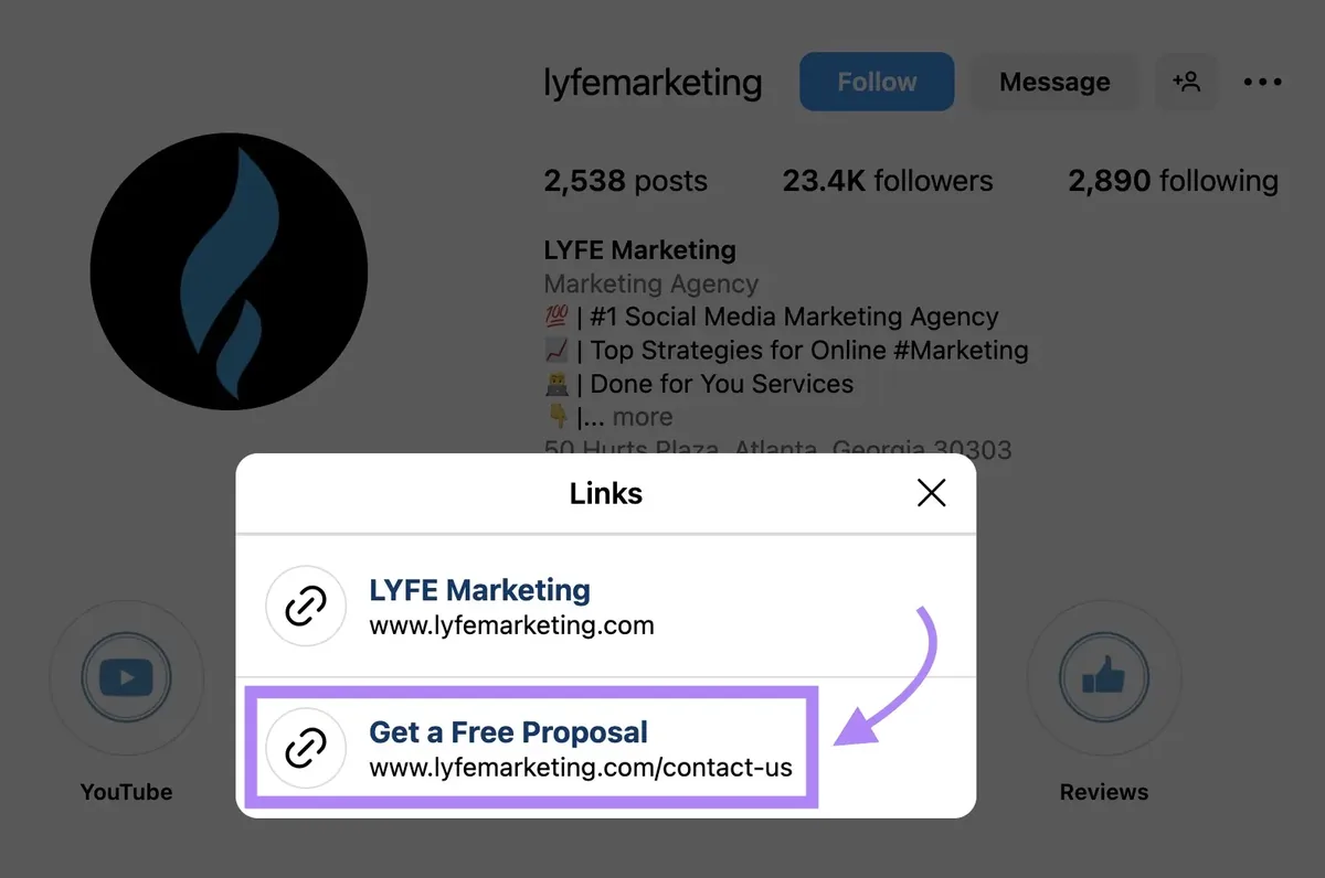 LYFE Marketing 的 Instagram 资料链接框,高亮显示 Get a Free Proposal 链接