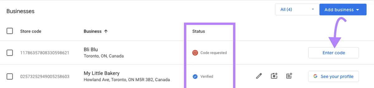 Business Profile Manager 显示两个商家,“Status”列高亮,箭头指向“Enter code”按钮。