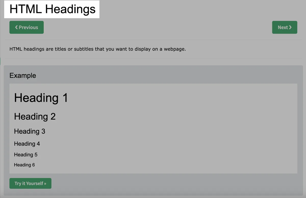 W3Schools 教程的 H1 标签，内容为：“HTML Headings”