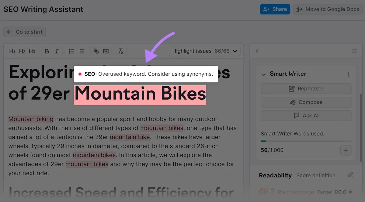 SEO Writing Assistant 中突出显示的关键词“mountain bikes”