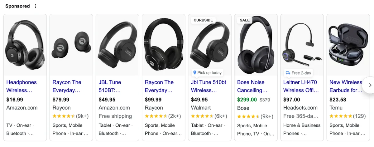 查询“wireless headphones”的 Google 购物广告