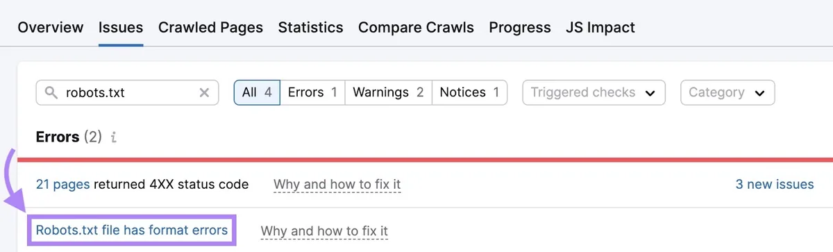 Site Audit 中“robots.txt”搜索显示的问题列表，已点击“Robots.txt 文件存在格式错误”